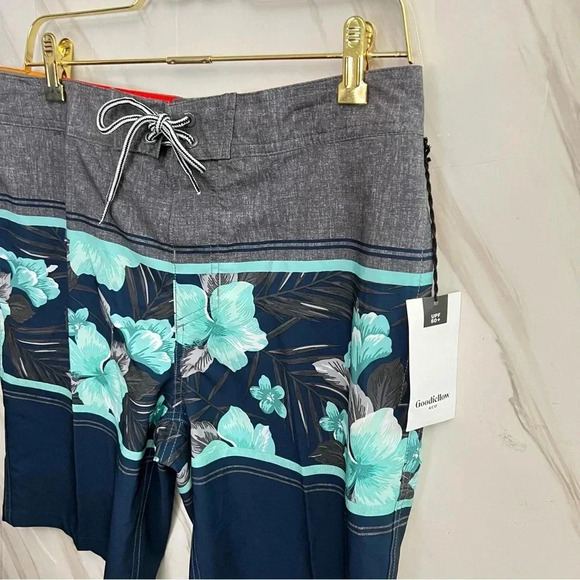 Board Shorts Swim Size 32 Navy Gray Teal Hawaiian Floral 10" Inseam - Picture 5 of 8